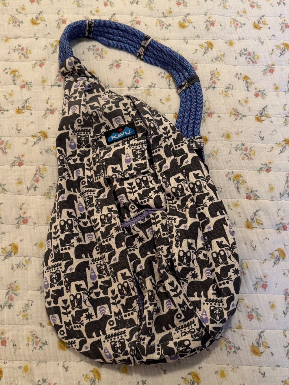 KAVU Rope Sling Crossbody Backpack Cozy Critters Folklore Animal Print Purple
